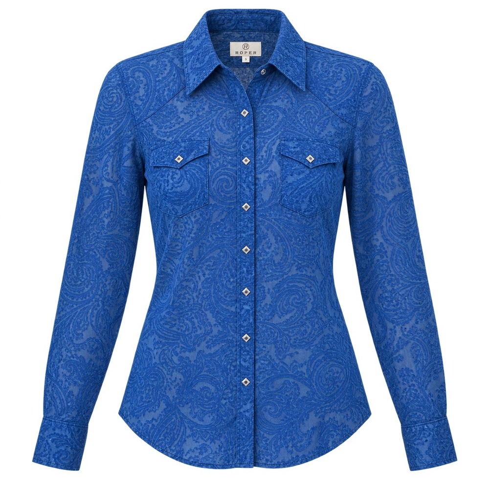 Roper Womens Burnout Western Shirt S Blue Paisley Pearl Snap Cowgirl Sheer Y2K